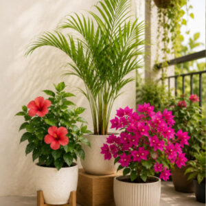 Balcony Garden Combo (Hibiscus + Areca Palm + Bougainvillea)