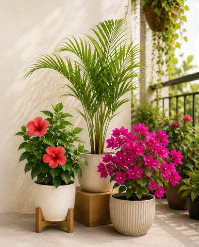 Balcony Garden Combo (Hibiscus + Areca Palm + Bougainvillea)
